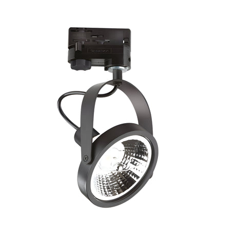 The Glim Three Phase Track Spotlight - Black features a contemporary design with a circular, reflective casing and an adjustable mount. It offers a dimmable function for customized ambiance and is designed for ceiling installation. Its bright glow is enhanced by an adjustable diffuser that elevates the lighting experience.