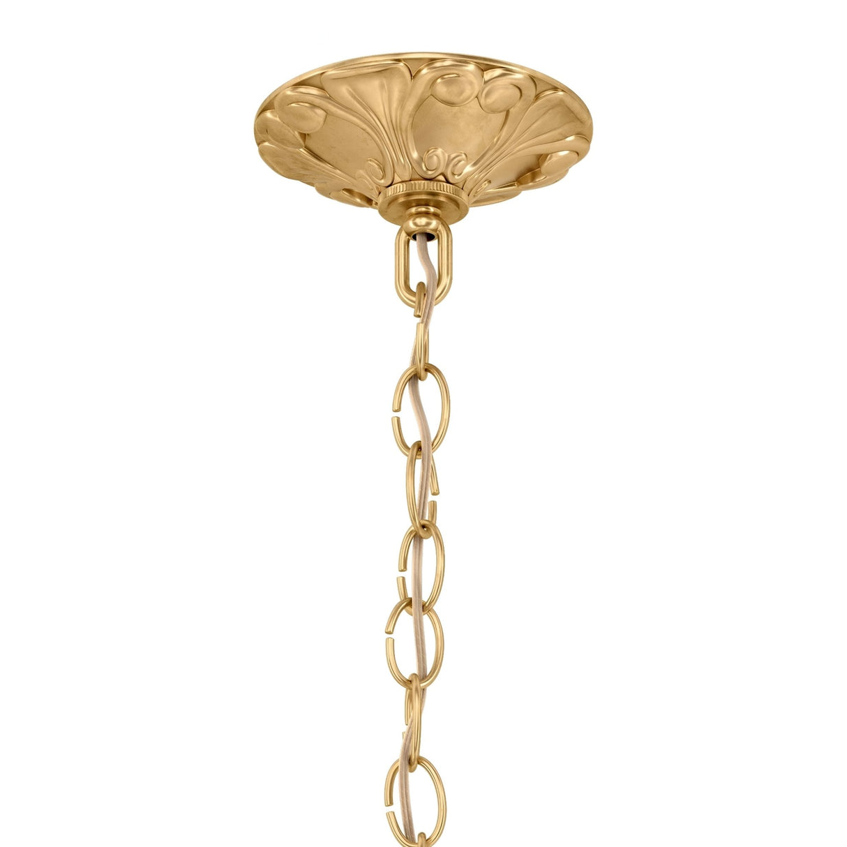 Showcase the Vienna 10 Light K9 Crystal Chandelier with this ornate gold ceiling canopy, featuring a decorative design and a linked chain—perfect for adding elegance to any space.