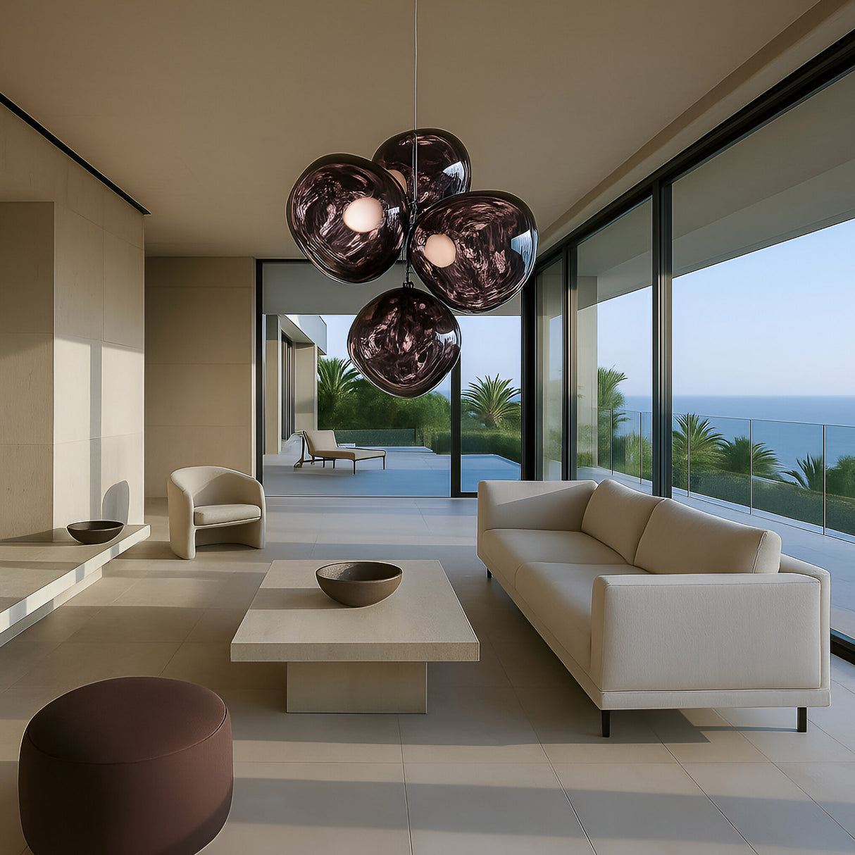 A modern living room with beige sofas, a low coffee table, and floor-to-ceiling windows overlooking palm trees and the ocean features the Lava 4 Light LED Chandelier in Smoked Blue hanging as a striking centerpiece.