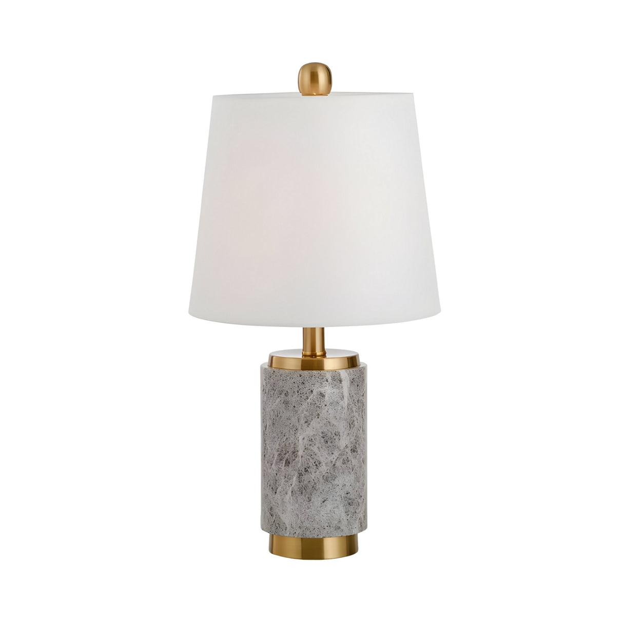 The Marivon 1 Light Marble Cylinder Table Lamp features a cylindrical grey marble base, brass accents, and a white fabric shade, shown against a plain white background.