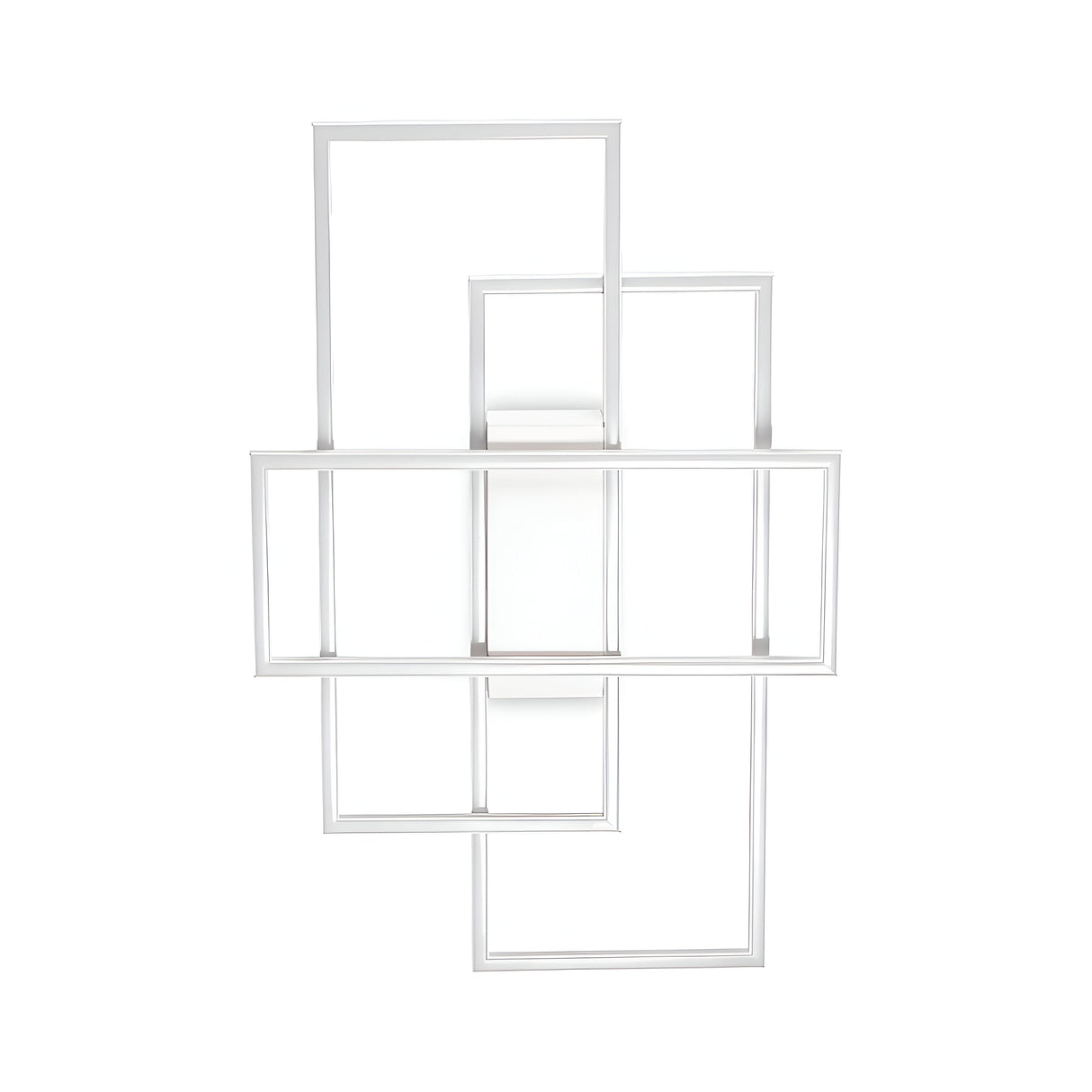 The Prios LED Ceiling Light 31W 3000K - White features a minimalist design with interconnected white rectangular frames arranged in an abstract pattern against a plain background, beautifully complementing opal-coloured diffusers.