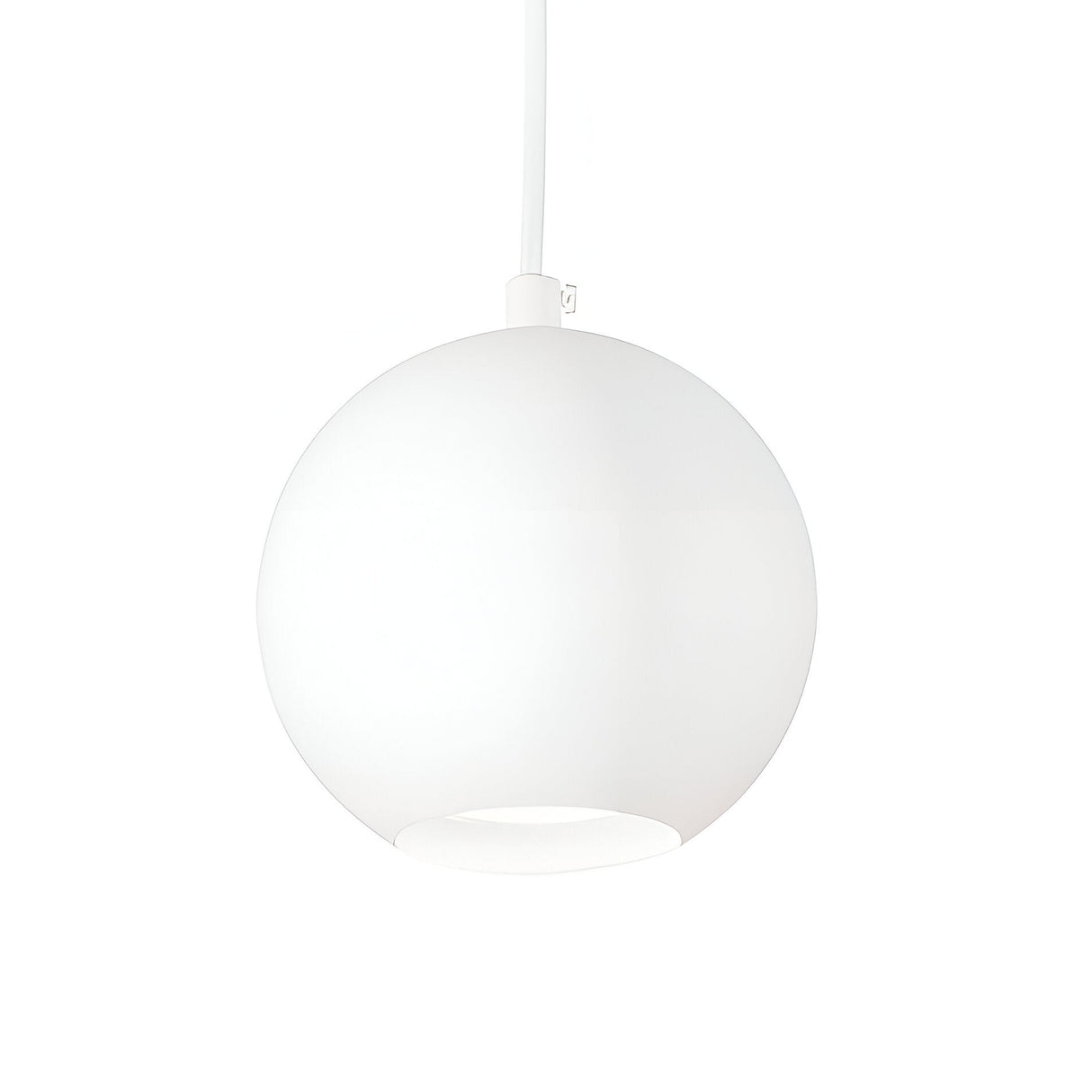 The Emberleaf Small 1 Light Pendant in white boasts a modern, spherical design with a smooth surface and minimalist aesthetic. Suspended from a matching white cord against a plain background, this dimmable light features an open bottom that directs illumination downward, making it ideal for any contemporary space.