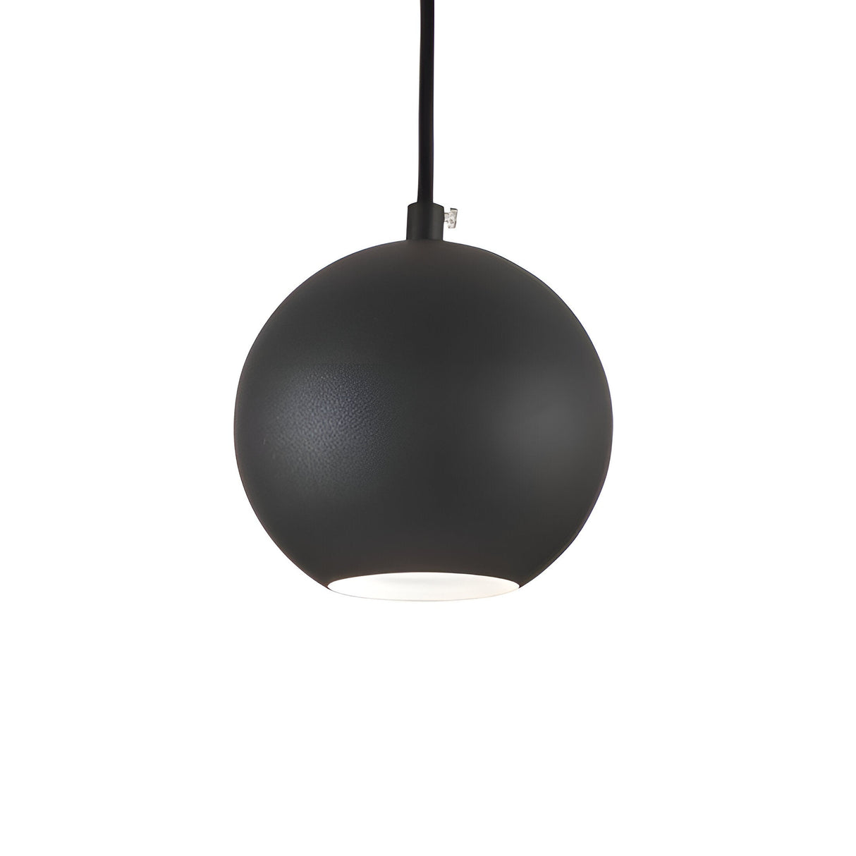 The Emberleaf Small 1 Light Pendant - Black features a black spherical design with a textured finish, suspended from a black cord against a plain white background. Ideal for modern interiors lighting, this dimmable task lighting piece is showcased in the off position, highlighting its sleek and contemporary charm.
