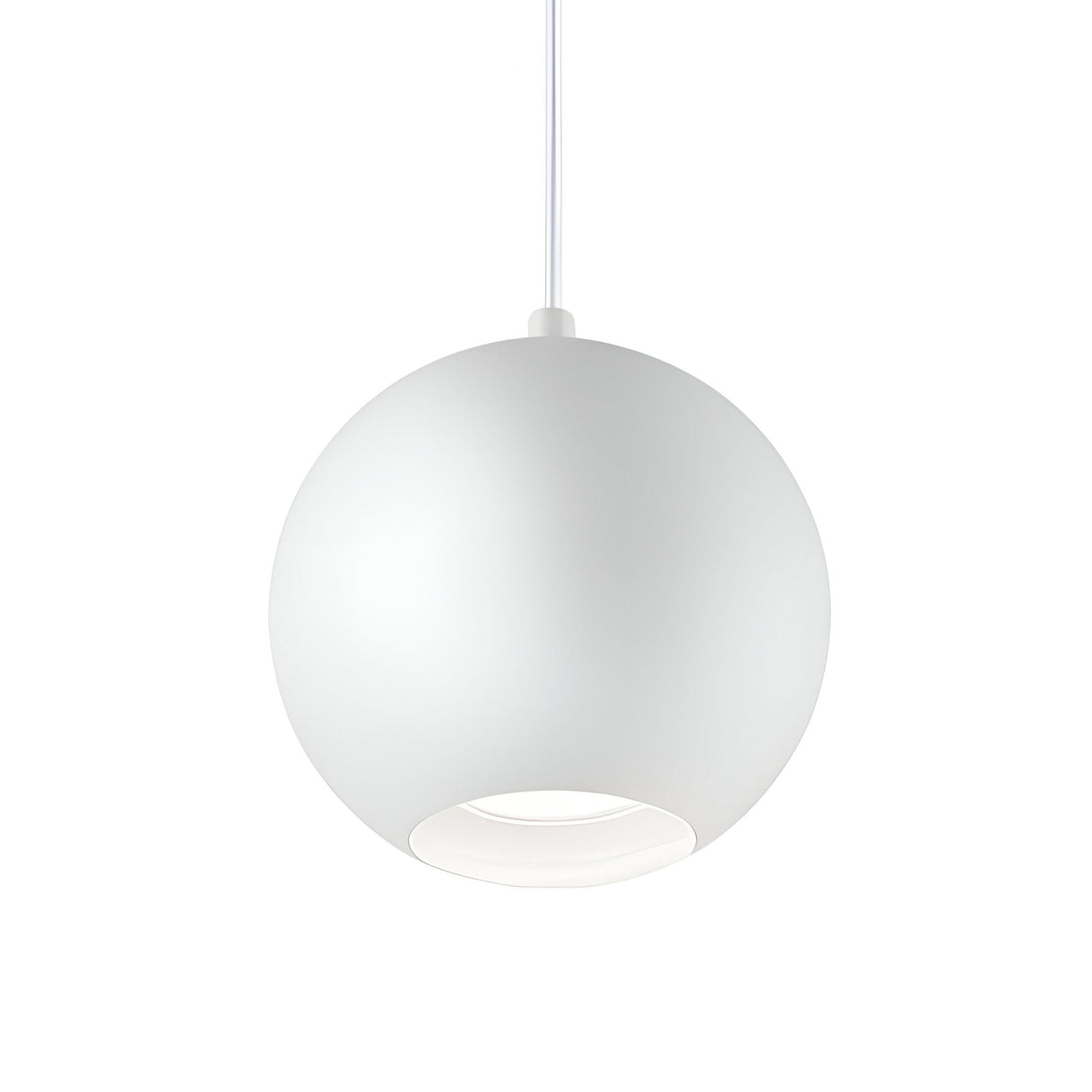 The Emberleaf Large 1 Light Pendant - White is a modern, spherical fixture with a sleek surface suspended by a delicate white cord. This dimmable pendant emits a gentle downward glow, effortlessly integrating into contemporary lighting settings against minimalist white backdrops.
