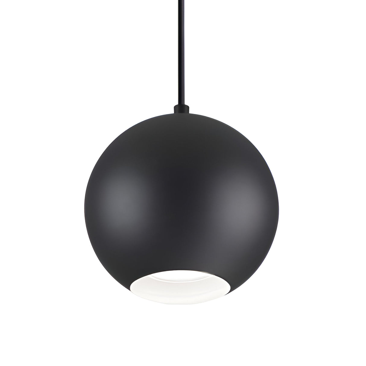 The Emberleaf Large 1 Light Pendant - Black is a sophisticated lighting fixture with a large, black spherical shape suspended from a thin cord. This dimmable pendant light has an open bottom that provides bright, focused illumination downward. Its sleek, modern design, featuring a smooth matte black finish and white interior, creates striking contemporary lighting.