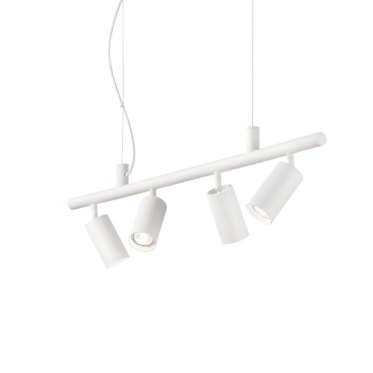 Introducing the Emberfield 4 Spotlight Suspension in White: a modern ceiling light fixture with adjustable spotlights mounted on a sleek bar. Perfect for focused lighting, this minimalist design hangs from a thin wire, offering both style and versatility.