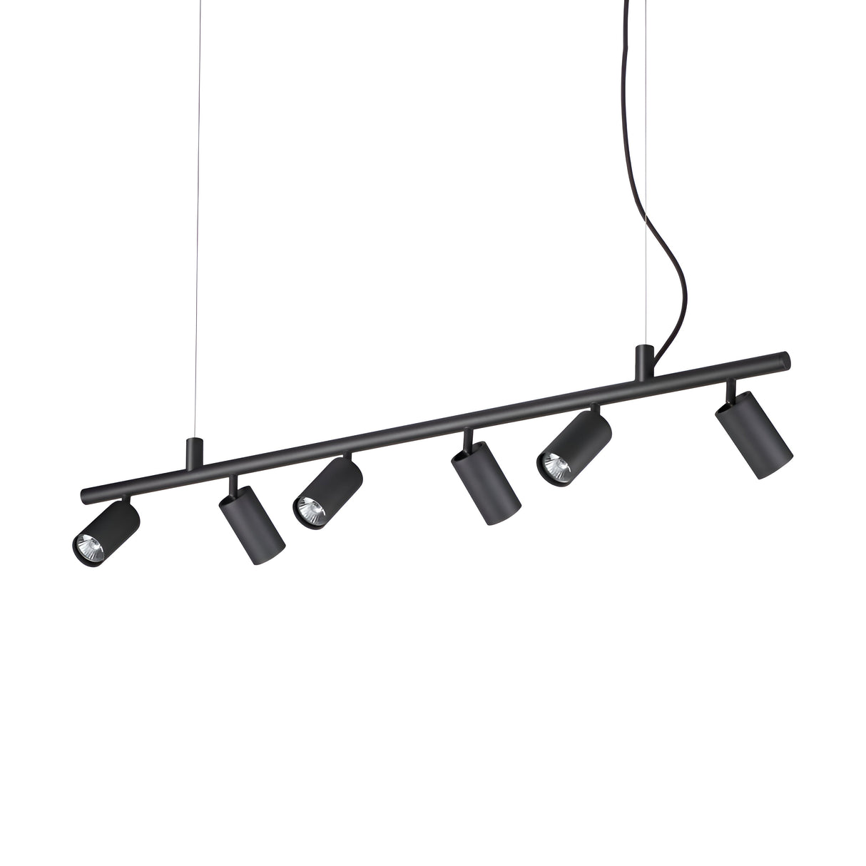 The Emberfield 6 Spotlight Suspension - Black is a modern pendant light fixture that showcases a sleek black finish and six adjustable spotlight suspensions. It hangs from the ceiling with a visible black power cord, adding to its minimalist design.
