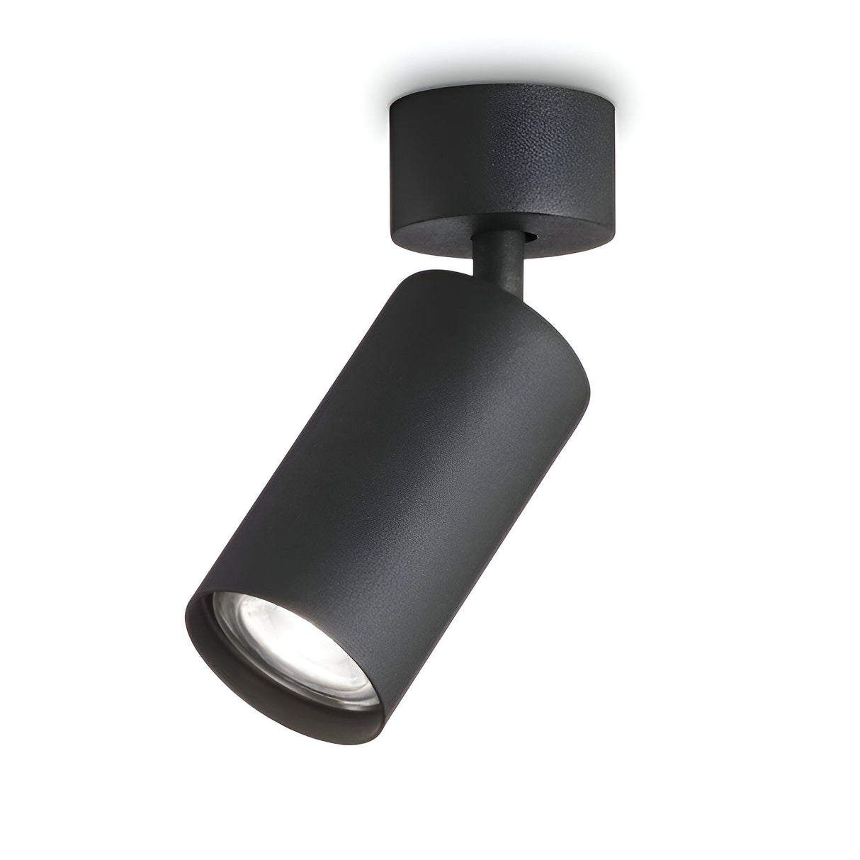 Introducing the Emberfield Single Spotlight - Black: a sleek and modern fixture with a mounted base, perfect for accent lighting. This cylindrical spotlight tilts downward to showcase its minimalist design and contemporary finish, offering full adjustability to suit any space.