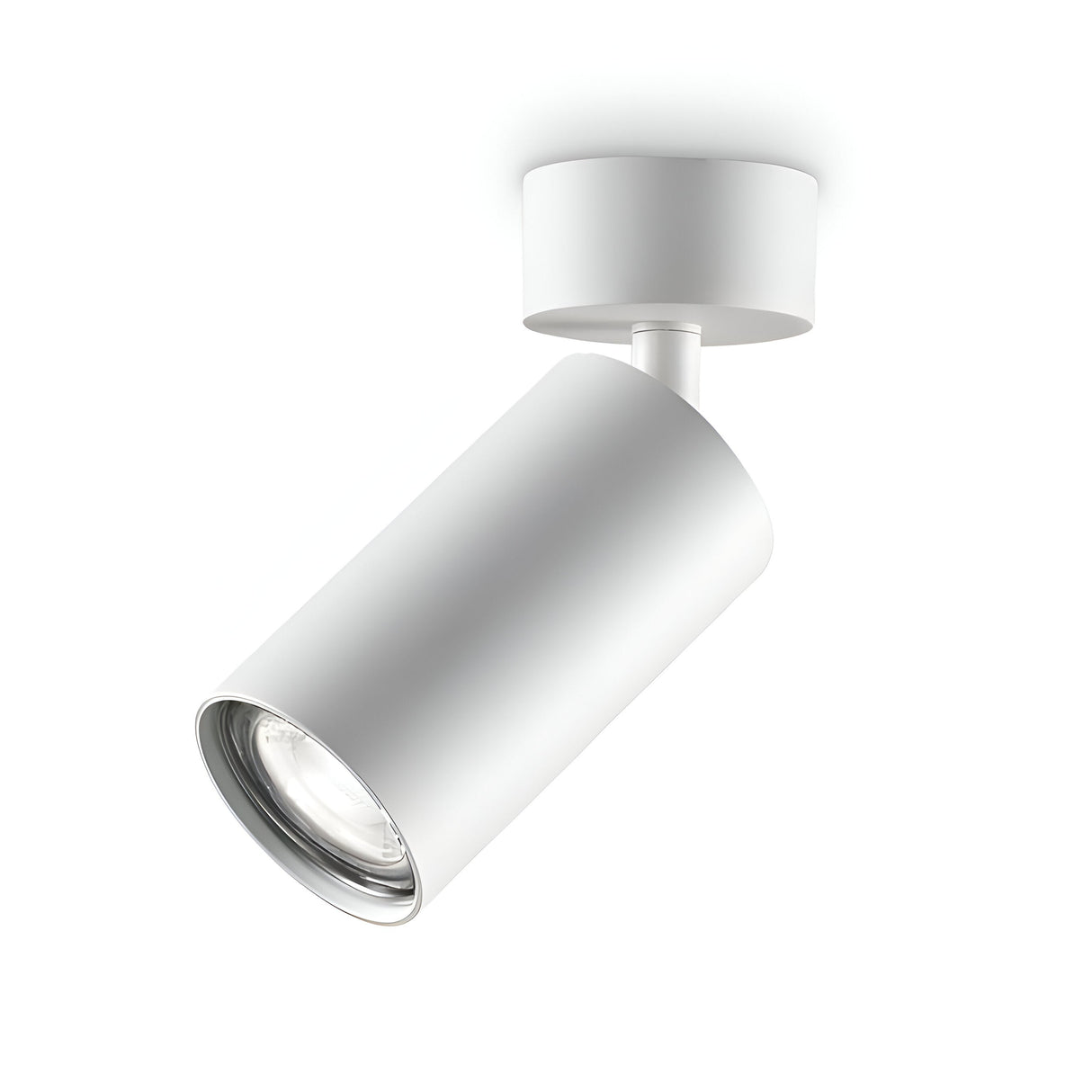 The Emberfield Single Spotlight - White showcases a modern, cylindrical design in a pristine white finish. This ceiling spotlight provides adjustable lighting with its versatile head, all mounted on a durable circular base for precise illumination.