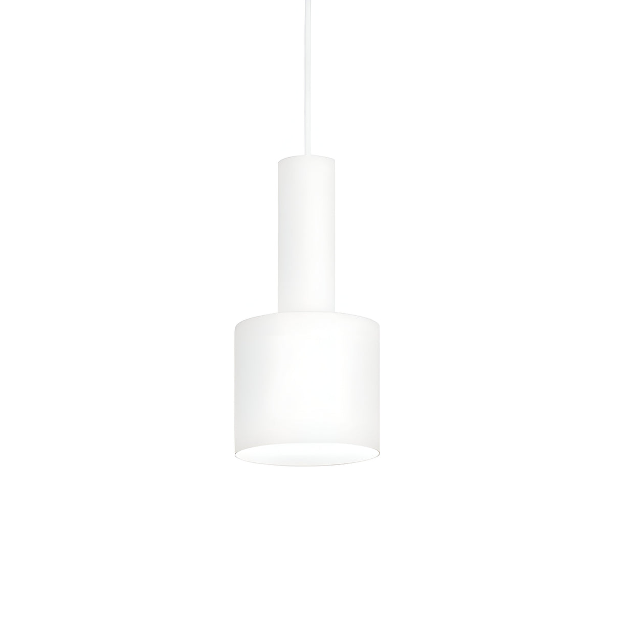 The Astro 1 Light Pendant - White, showcasing a modern and minimalist design with its cylindrical shape, hangs against a plain background. When turned on, it emits a gentle downward glow and includes an adjustable cable for flexible placement.