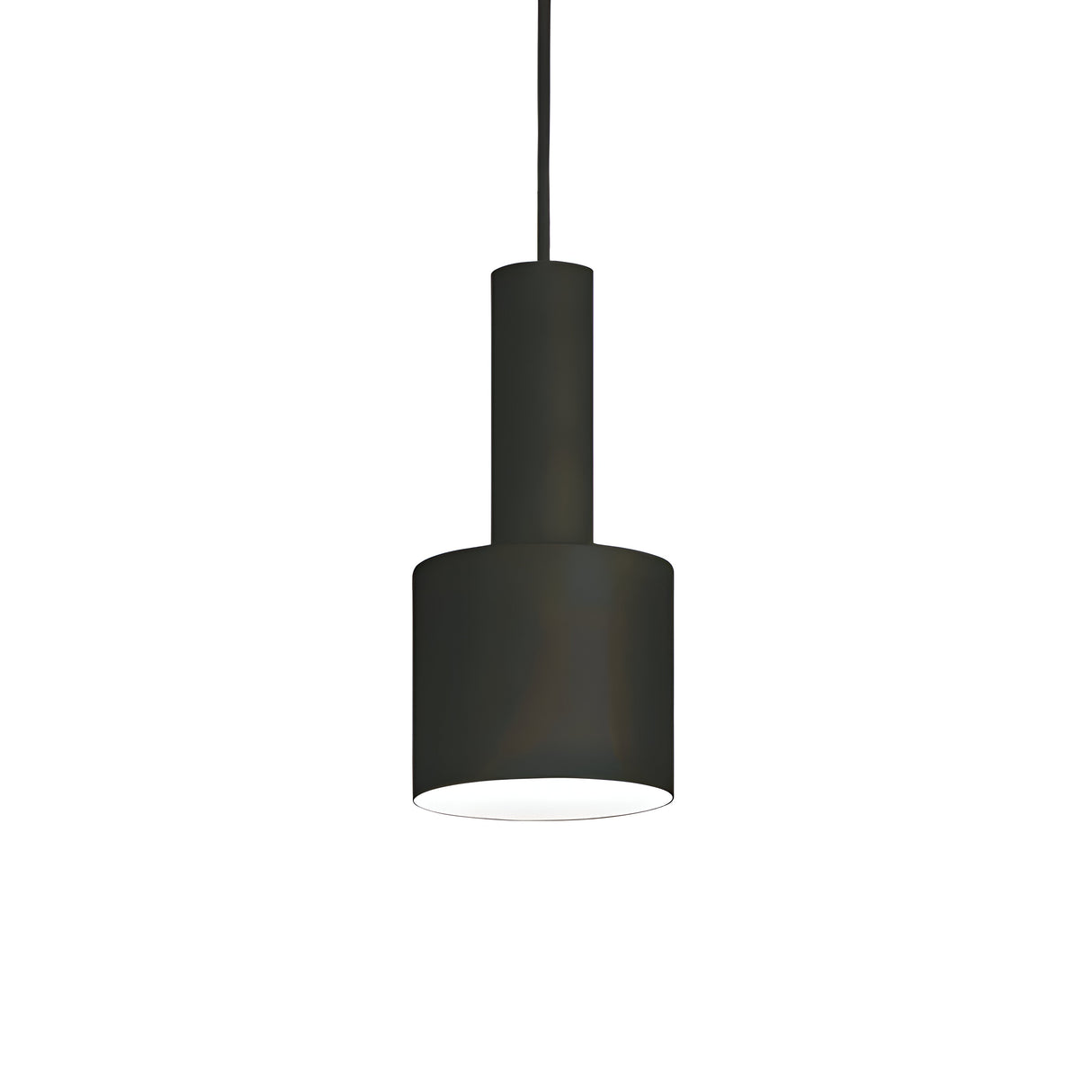 The Astro 1 Light Pendant - Black, a perfect example of minimalist design lighting, features a sleek cylindrical shape. Hanging gracefully from a cord against a white background, its modern ceiling light appeal remains undeniable even when turned off.