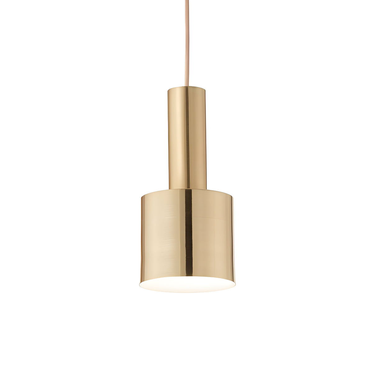 The Astro 1 Light Pendant - Brass, featuring a sleek cylindrical design and a modern gold finish, hangs gracefully from an adjustable ceiling cord, making it ideal for contemporary interiors when set against a plain white background.