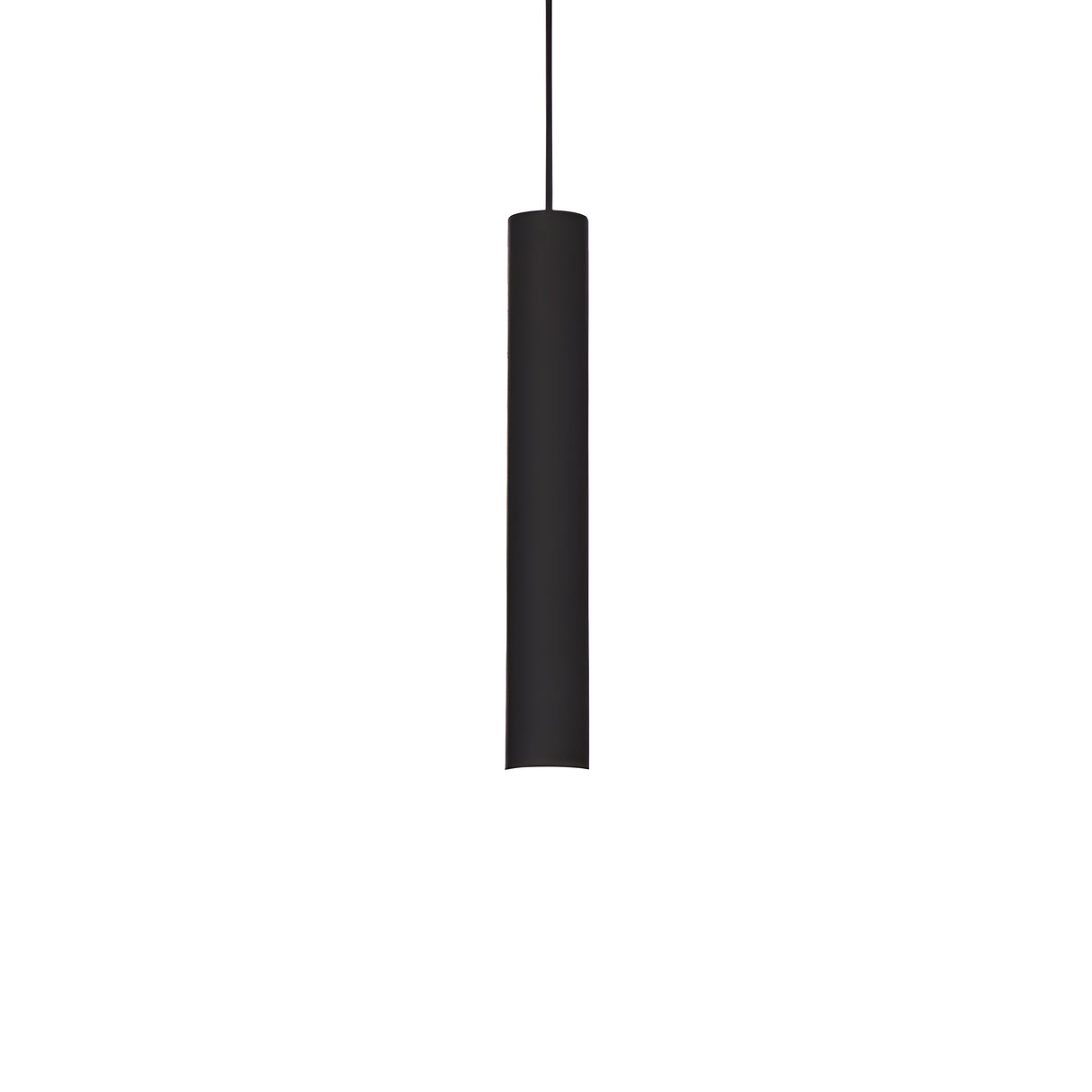 The Noctis 1 Light Track Pendant - Black, 6cm features a sleek, matte black cylindrical design that hangs from a thin cord against a plain white background, providing adjustable lighting to suit any mood.