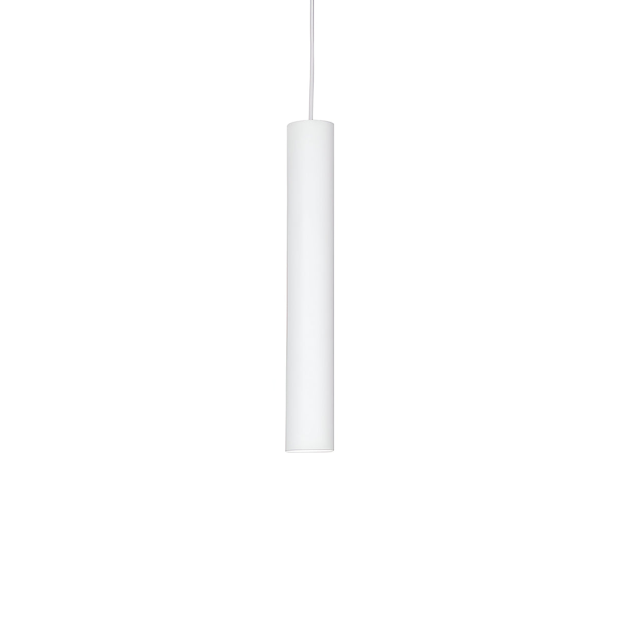 The Noctis 1 Light Track Pendant in white, measuring 6cm, is a minimalist cylindrical fixture that hangs from the ceiling. Its sleek and modern design makes it ideal for contemporary lighting systems. A simple cord suspends it against a plain white background, highlighting its elegance in modern interiors.