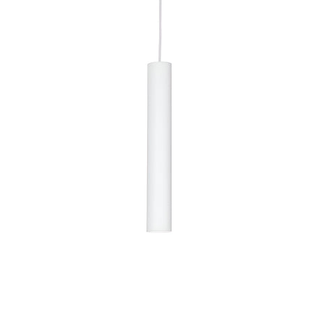 The Noctis 1 Light Track Pendant in white, measuring 6cm, is a minimalist cylindrical fixture that hangs from the ceiling. Its sleek and modern design makes it ideal for contemporary lighting systems. A simple cord suspends it against a plain white background, highlighting its elegance in modern interiors.