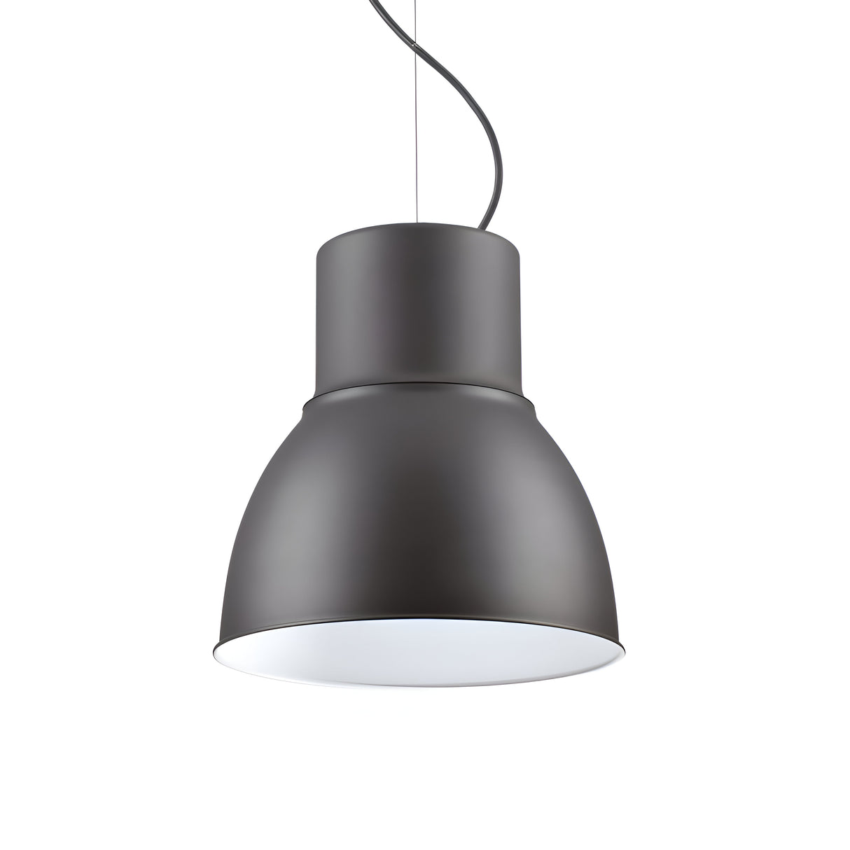 Presenting the Envision Large 1 Light Pendant in black, this contemporary pendant light boasts a wide, rounded matte black shade. Suspended by a cord and highlighted against a white background, it showcases a minimalist design with industrial-inspired elements.