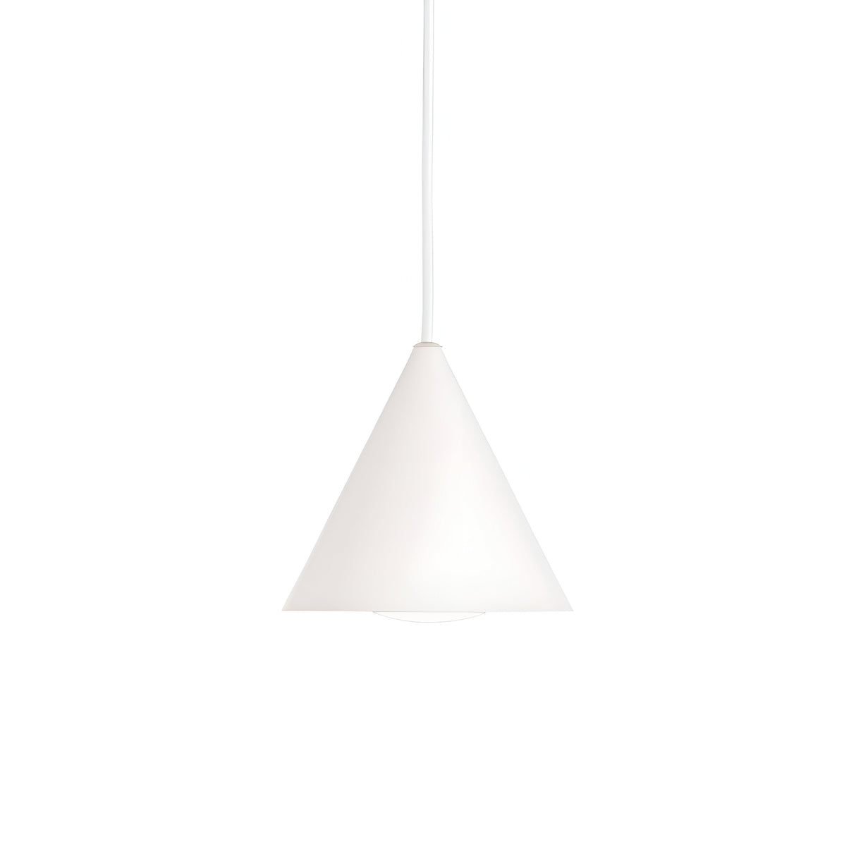 The Glorion 1 Light Pendant - White, 13cm, a modern lighting fixture, showcases a sleek cone-shaped design with a smooth finish. It gracefully hangs from a slender white cord against a minimalist white backdrop, capturing the essence of compact pendant light style.
