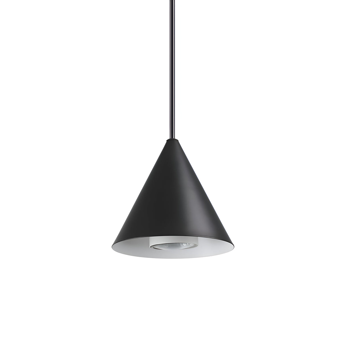 The Glorion 1 Light Pendant - Black, 13cm showcases a sleek, black cone-shaped shade that hangs elegantly from the ceiling. Its white interior provides a modern and minimalist aesthetic, making it an ideal addition to industrial-inspired interiors.