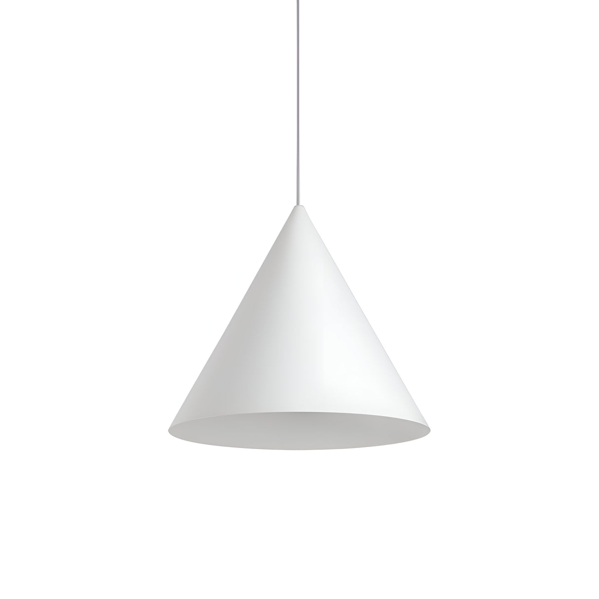 The Glorion 1 Light Pendant - White, 30cm features a sleek cone-shaped design that gracefully suspends from a slender cord against a simple white backdrop, exemplifying contemporary style in modern lighting.