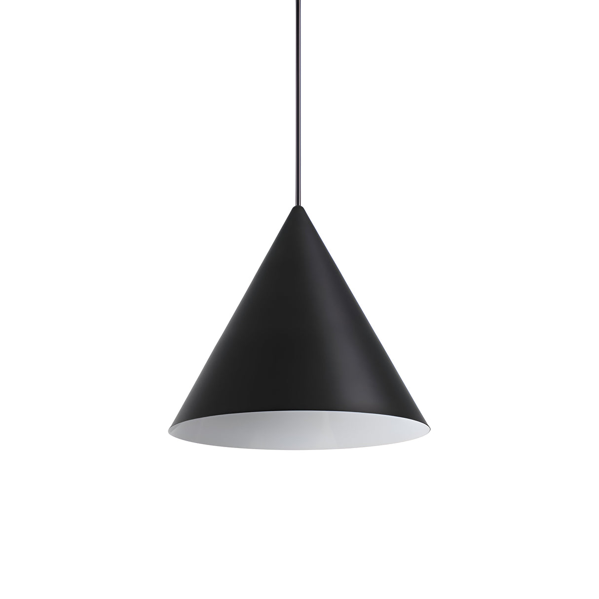 The Glorion 1 Light Pendant - Black, 30cm, a sleek and modern conical light fixture, hangs gracefully from a cable against a plain white background. Its inner white surface accentuates its minimalist aesthetic, capturing the essence of modern elegance.