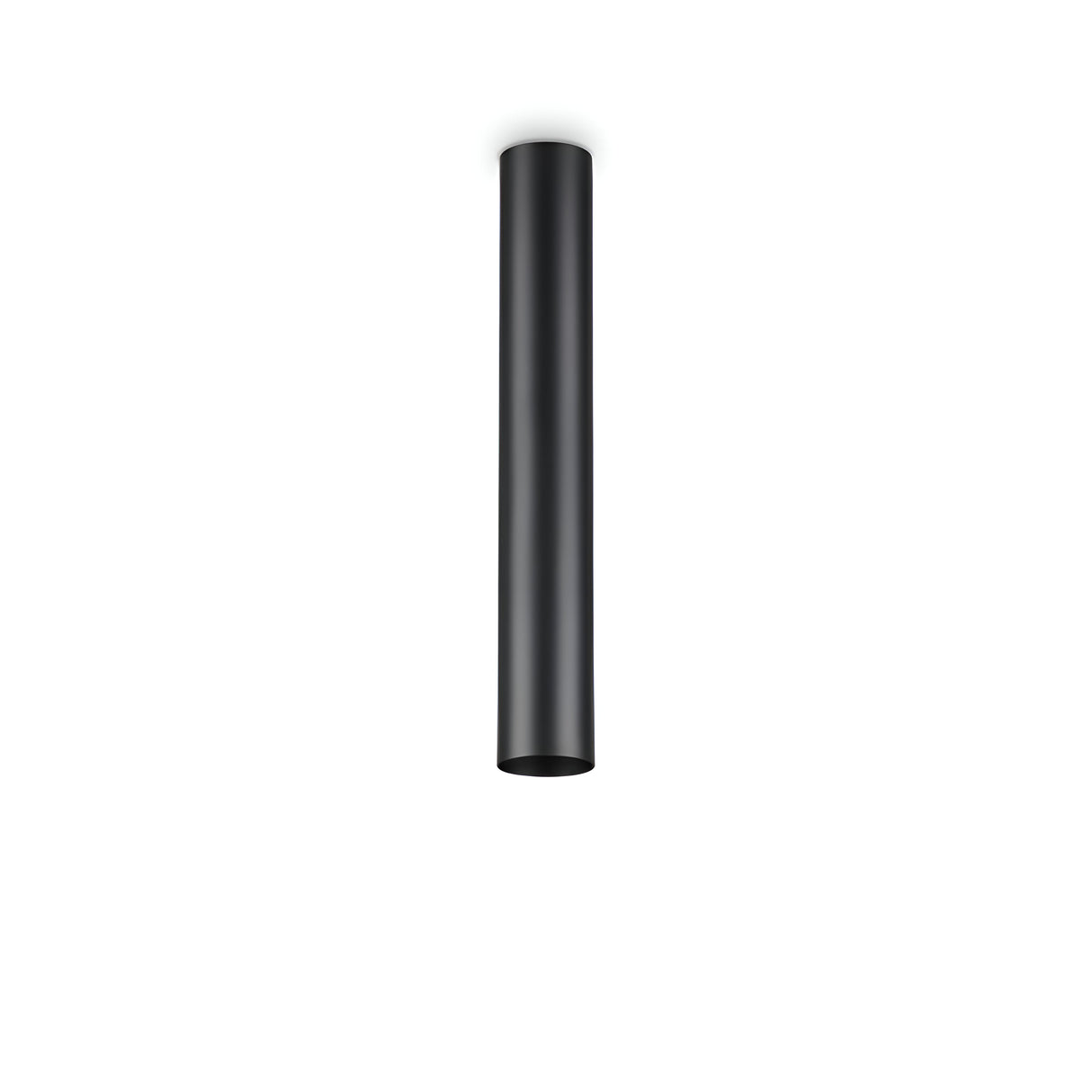 The Noctis Ceiling Light - Black, 40cm, crafted from black powder-coated metal, showcases a sleek cylindrical design. Mounted on a white ceiling, its minimalist style stands out against the bright backdrop, emphasizing its modern aesthetic.