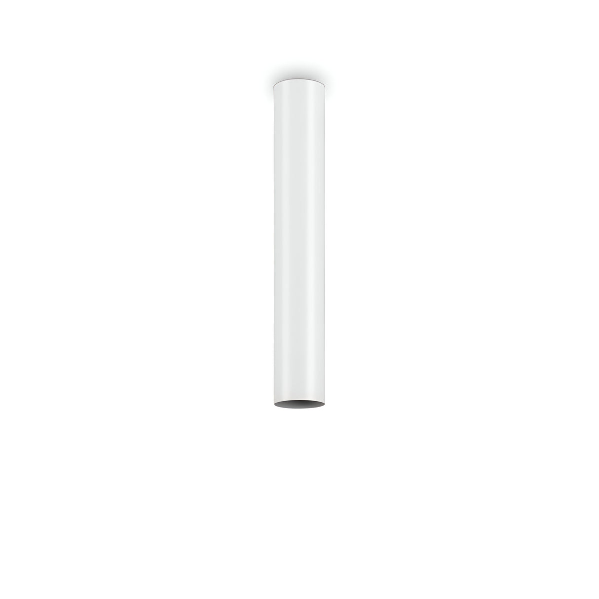 The Noctis Ceiling Light - White, 40cm is a sleek cylindrical tube fixture installed vertically against a white backdrop. Made from durable materials, it offers a minimalist aesthetic.