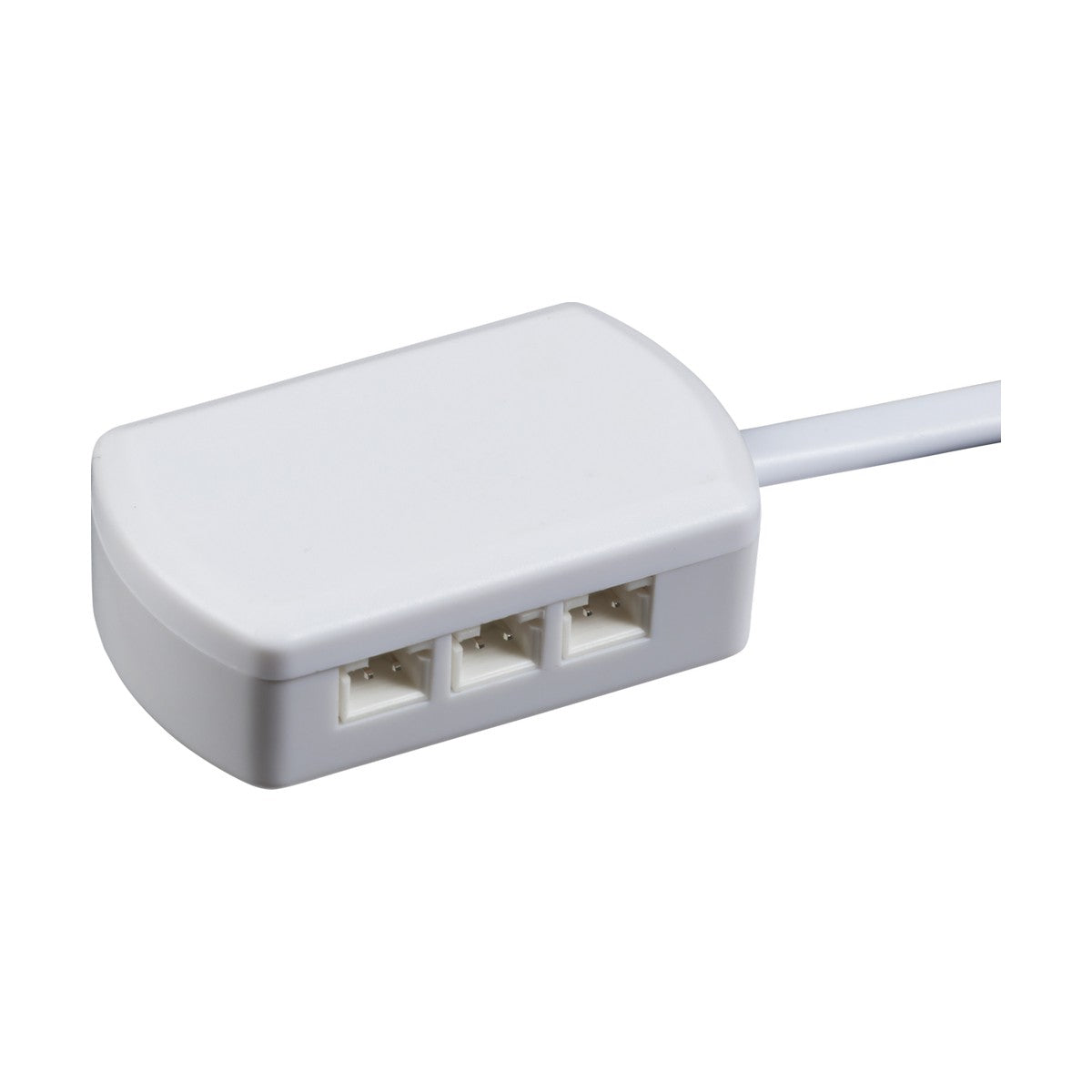 The 6-Way Connector For UNDKIT, a white rectangular splitter made from durable polycarbonate, features three RJ11 ports and comes with an attached cable. This IP20-rated device is perfect for seamlessly connecting multiple phone lines or devices to a single outlet.