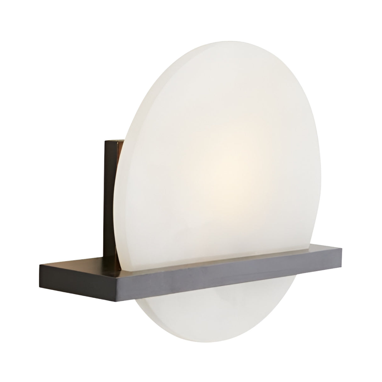 The Caldris LED Circular Alabaster Wall Light in matte black and soft white features a frosted circular glass shade on a sleek rectangular base, providing soft, diffused illumination with modern style.
