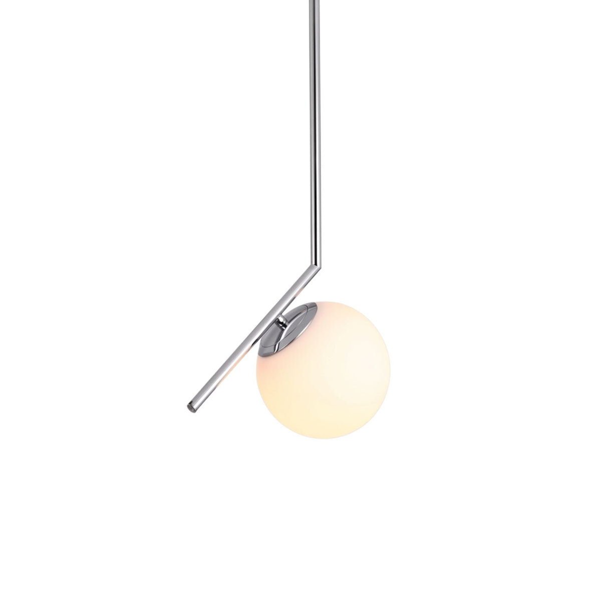 Niori Vetra Small Pendant Light with a frosted opal glass globe clipped to an angled polished chrome suspension arm, shown on a white background.