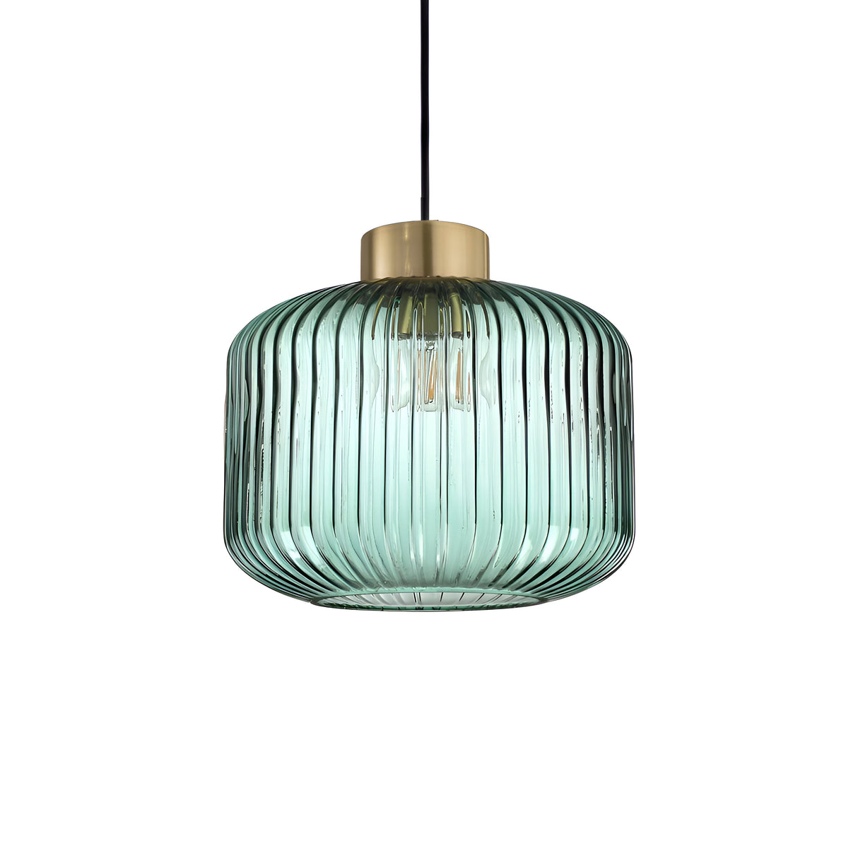 The Fluxia-2 1 Light Glass Pendant - Green is a contemporary hanging light fixture with a ribbed glass shade in teal and a brass top. It hangs from a black cable against a white backdrop, offering both elegance and functionality as it is dimmable.