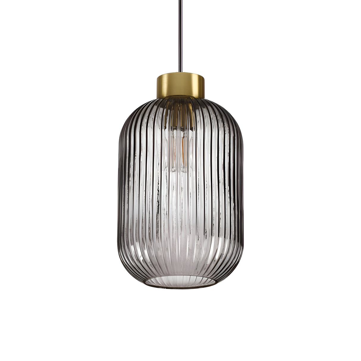 Introducing the Fluxia-3 1 Light Glass Pendant - Black, a sleek modern pendant featuring a ribbed glass shade complemented by a brass fixture, all elegantly suspended by a black cord. This dimmable light beautifully showcases a visible bulb inside, seamlessly combining contemporary style with functionality.