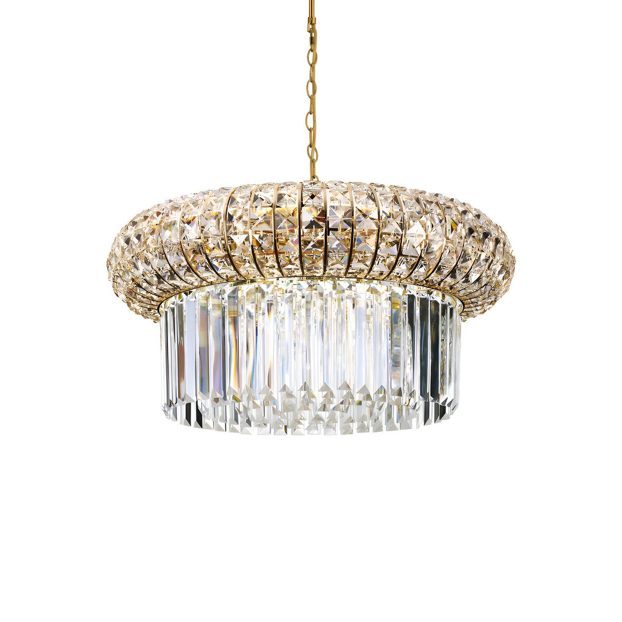 The Enluma Crystal 12 Light Chandelier - Gold offers a luxurious and opulent appearance with its circular gold finish frame adorned with sparkling accents. It features a ring of large crystals at the top and vertical rectangular crystals at the bottom, all set against a white background. Perfect for enthusiasts of luxury lighting.