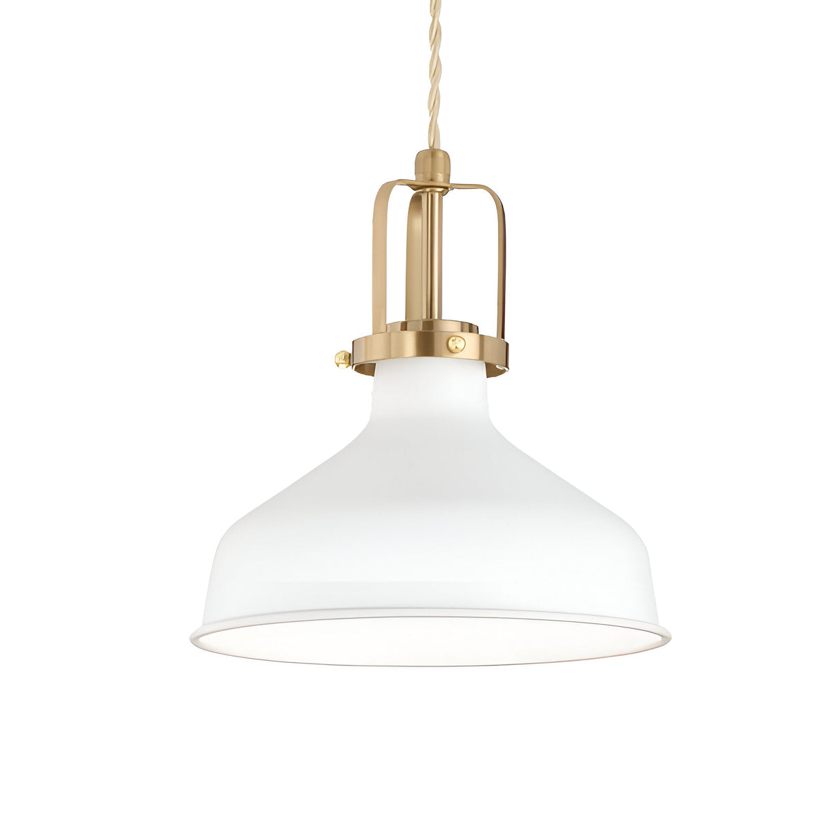 The Fluxion-1 Small 1 Light Pendant - White is a stylish lighting piece with a modern conical shade and a brass fixture, suspended gracefully from a twisted cord. Its minimalist design includes dimmable lighting, making it ideal for contemporary spaces.