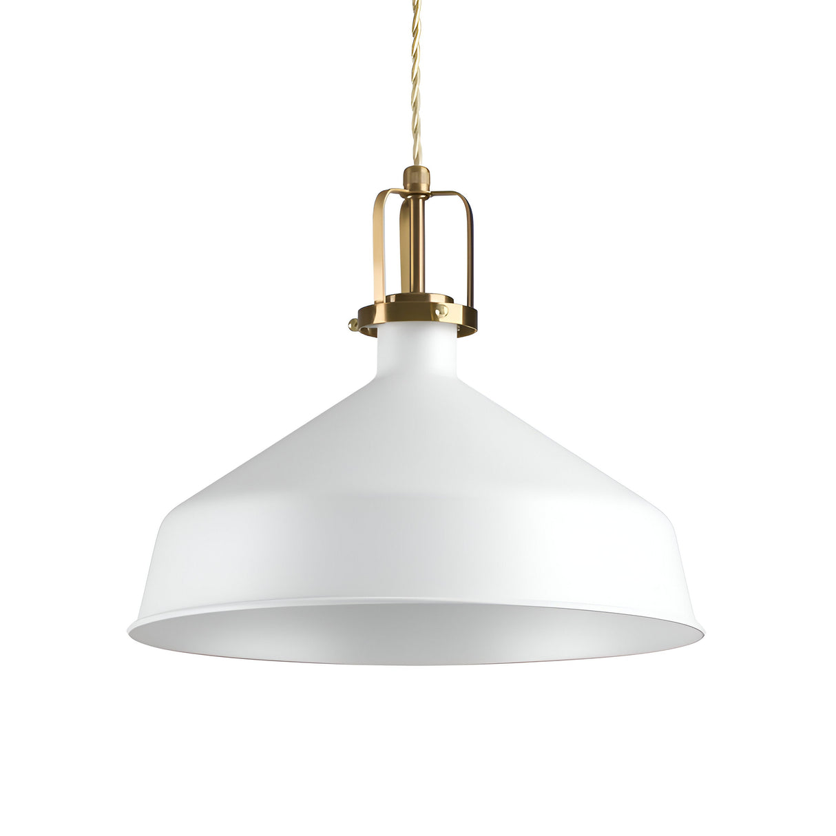 The Fluxion-1 Large 1 Light Pendant - White showcases Scandinavian minimalism with its sleek, modern design featuring a wide white metal shade and a brass fixture, elegantly suspended from a twisted beige cord.