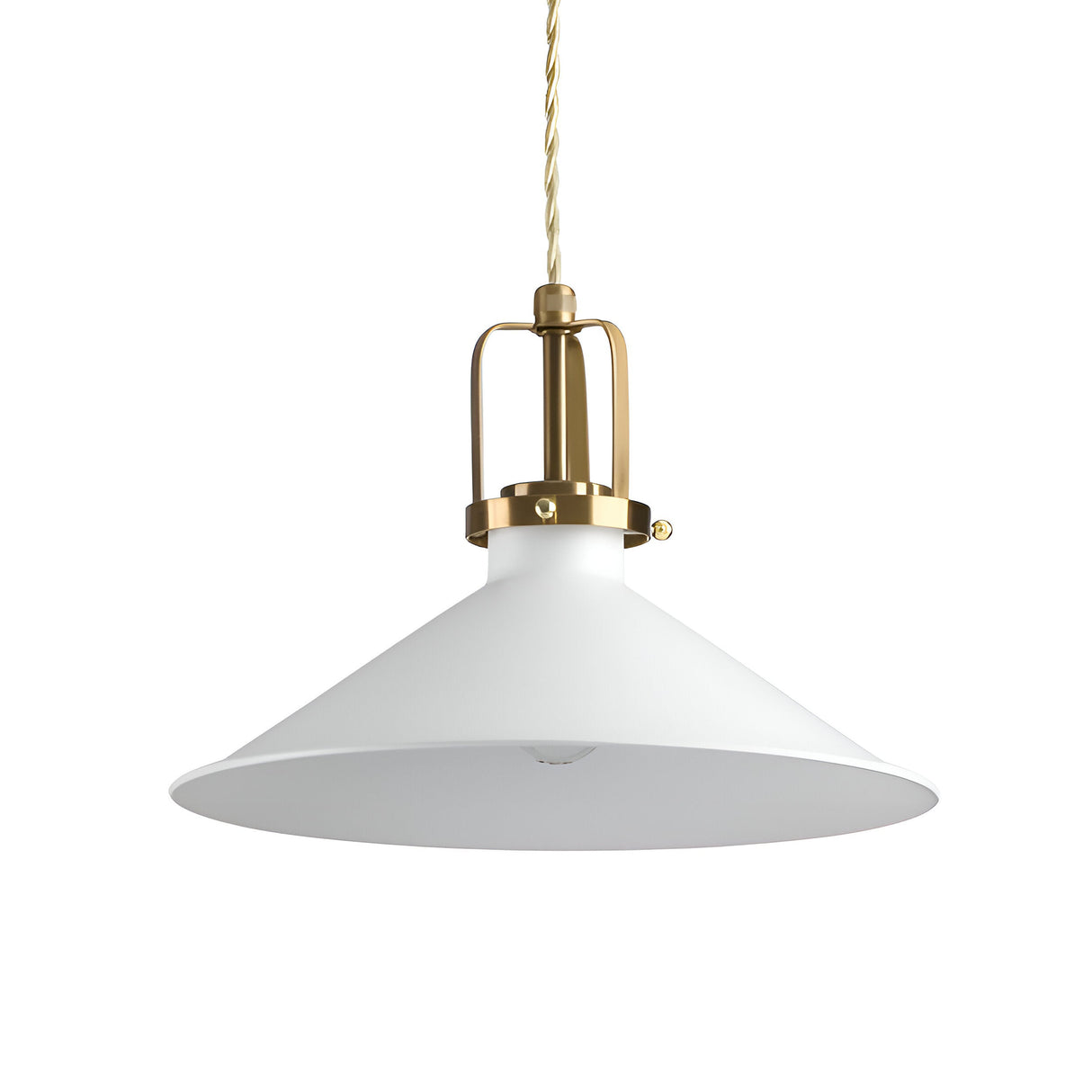The Fluxion-2 Small 1 Light Pendant in white features a modern conical shade suspended from a twisted cord. It provides perfect task lighting and exhibits clean minimalism with elegant gold accents.