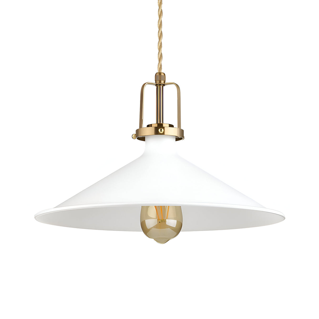 The Fluxion-2 Large 1 Light Pendant - White exudes a minimalist aesthetic with its modern conical white shade and exposed bulb elegantly suspended from a twisted cord. Brass accents enhance its sleek and stylish design, ensuring it becomes a standout piece in any space.