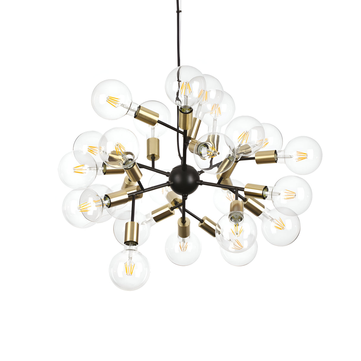 The Sparkly 24 Light Suspension - Gold chandelier embodies a contemporary elegance, spotlighting a modern design with an array of spherical light bulbs radiating from a central black hub. Sleek metallic rods interconnect the structure, featuring clear glass bulbs and luxurious brass accents for added sophistication.