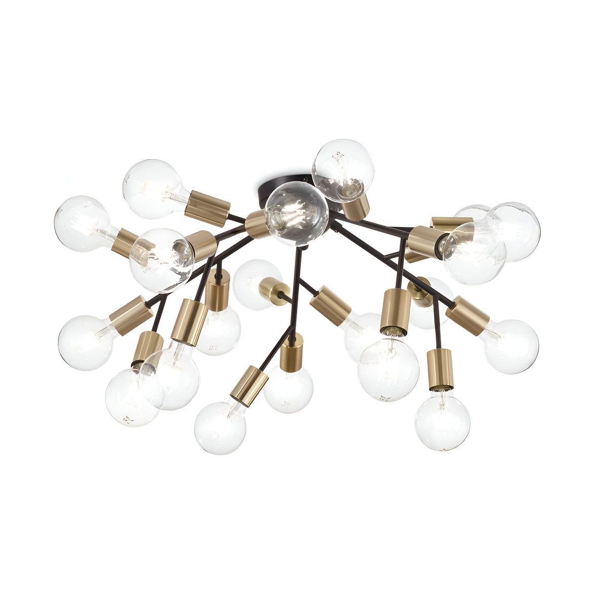 The Spark 20 Light Ceiling Light - Brass features a sleek black and brass branching structure with multiple exposed bulbs, offering a contemporary chandelier design ideal for those seeking a modern lighting fixture.