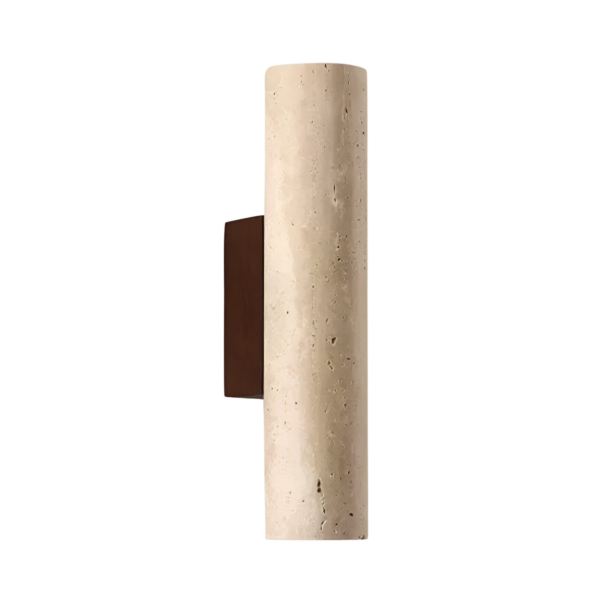 The Dorsa 1 Light Large Cylinder Travertine Wall Light features a light beige cylindrical shade and a rectangular walnut brown backplate, shown against a white background.