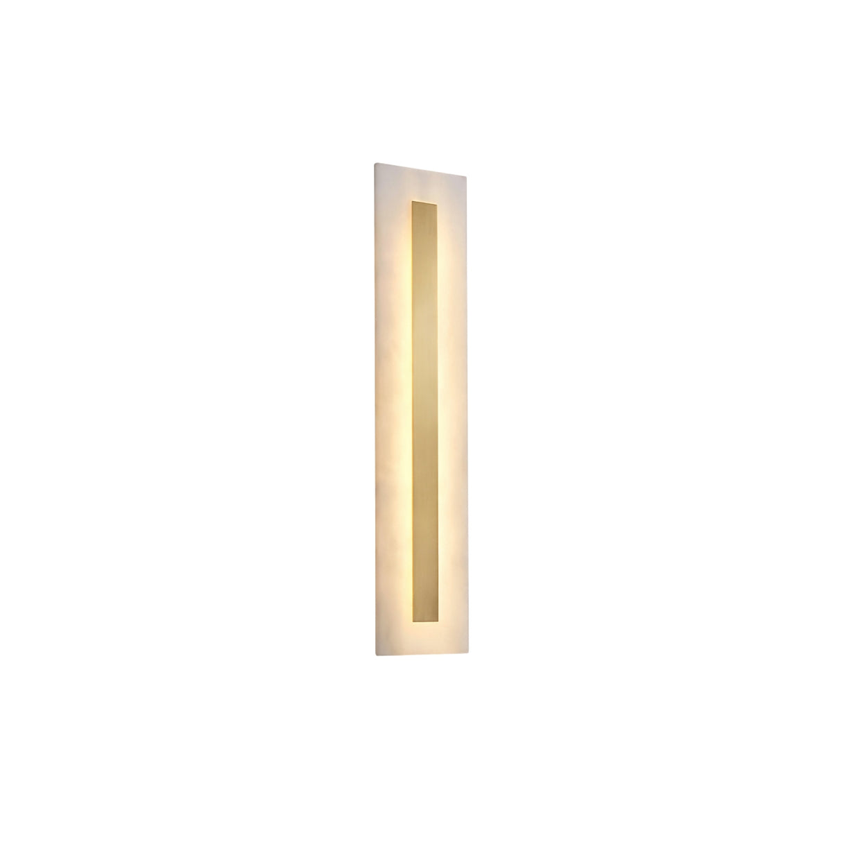 The Averra LED Small Rectangle Alabaster Wall Light in Soft White & Brass features a vertical center cutout, casting a warm, gentle glow against a white background.