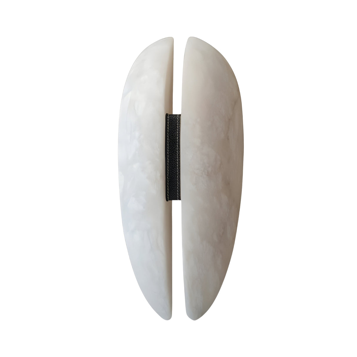 The Majorae LED Large Split Alabaster Wall Light in soft white and matte black features two smooth, oval Spanish alabaster forms placed vertically side by side, separated by a small gap and joined at the center with a matte black strip.