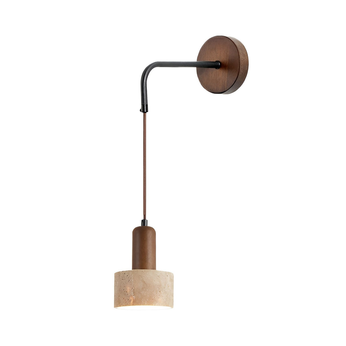 The Torvella 1 Light Hanging Drum Travertine Wall Light features a round walnut brown mount, black metal arm, and a light beige travertine-inspired shade with a brown cylindrical stem.