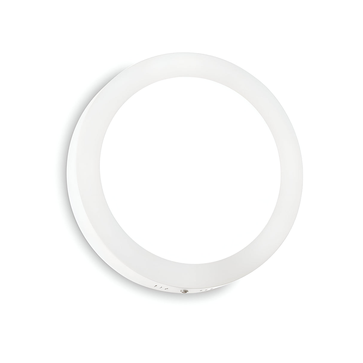 The Zephyrus Round LED Ceiling & Wall Light 36W 3000K in white, measuring 40cm, showcases energy-efficient lighting with its minimalist design when viewed from below against a white background.