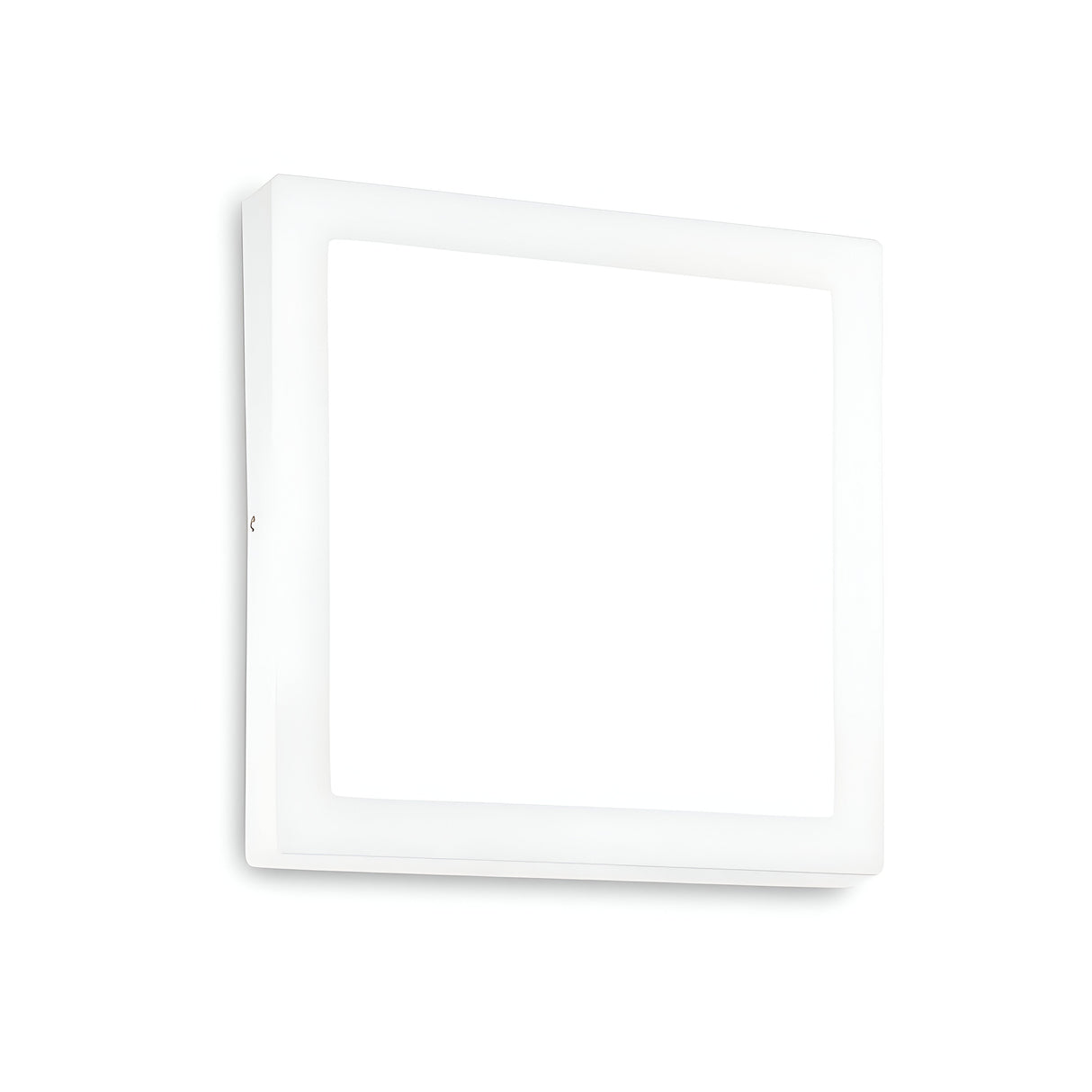 The Zephyrus Square LED Ceiling & Wall Light, measuring 40cm in white and featuring a 3000K illumination, is mounted on a light-colored wall. It showcases an evenly lit and sleek minimalistic design that complements contemporary interiors, maintaining an elegant atmosphere while adhering to IP20 standards.