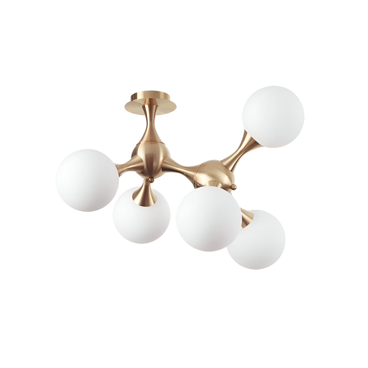 The Emblaze 5 Light Semi Flush - Brass is a contemporary light fixture with a sleek brass finish. It features five round frosted glass globes extending in various directions and provides dimmable lighting to customize your ambiance perfectly, all set against a white backdrop.