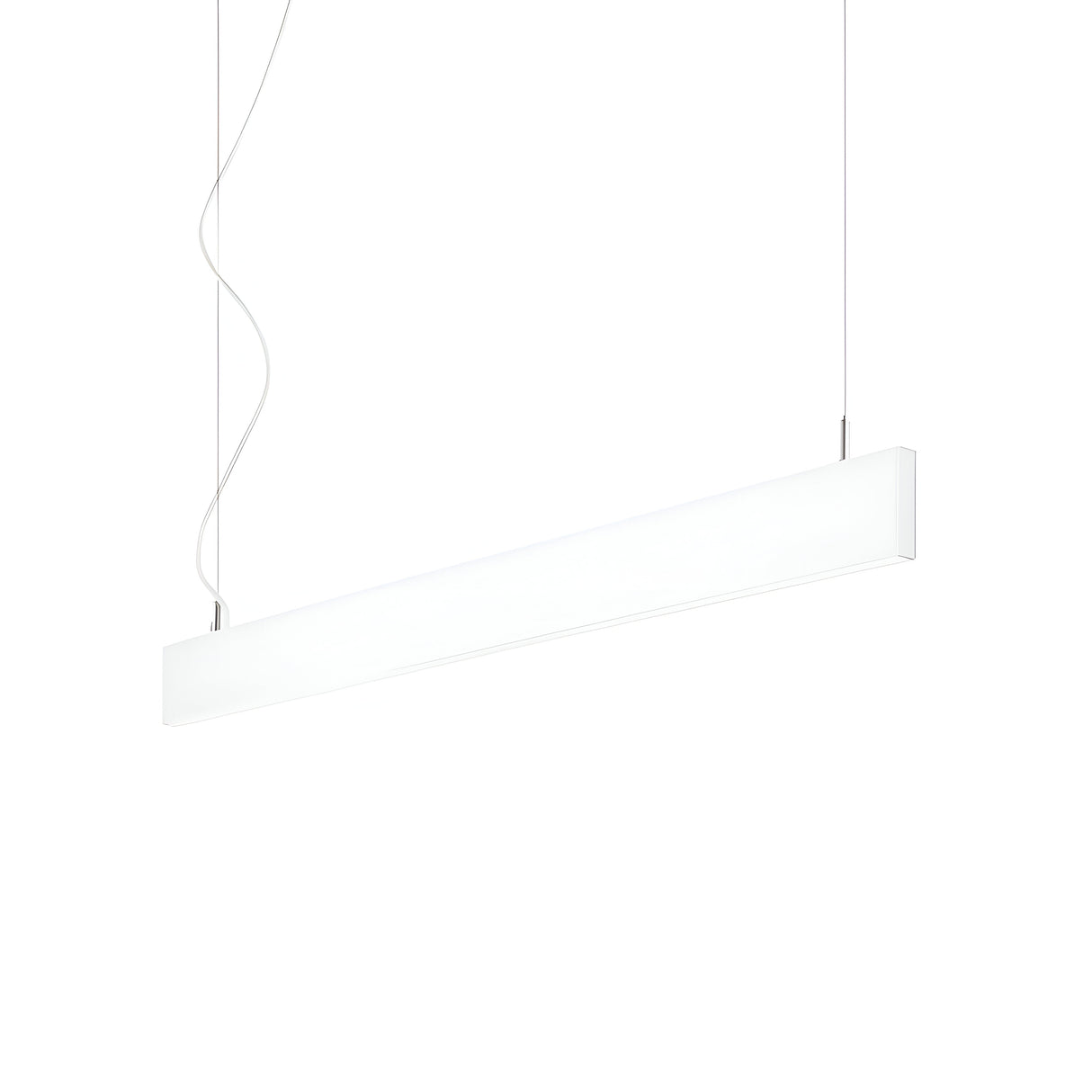 The Flux LED Linear Suspension 32W 3000K in white is a minimalist, long rectangular pendant light featuring thin suspension wires against a white background. It showcases a sleek, modern design and includes dimmable functionality for customizable lighting to enhance any space.