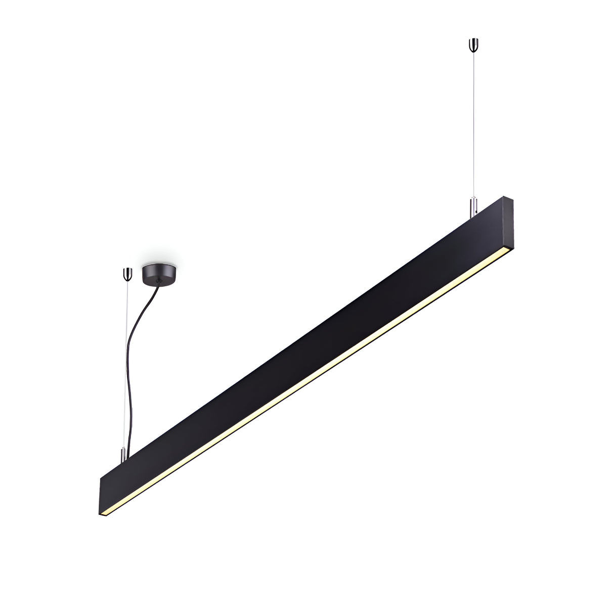 A sleek and minimalist black pendant light fixture, known as the Flux LED Linear Suspension 32W 3000K - Black, hangs from the ceiling. It features a long horizontal bar design with integrated LED lighting and is suspended by two thin wires. This dimmable fixture boasts a contemporary style that is ideal for modern spaces.