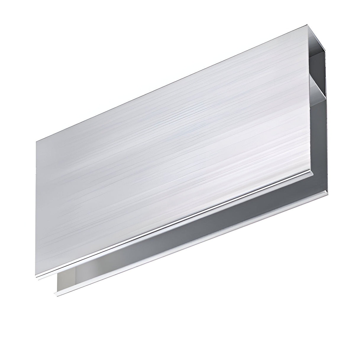 The Flux Connector for Linear Lighting - Large features a sleek, rectangular aluminum extrusion with a brushed finish and a hollow center that highlights its angular design. Suspended against a plain white background, it emphasizes its minimalist, modern appearance—perfect for integrating linear lighting or as part of complex flux connector systems.