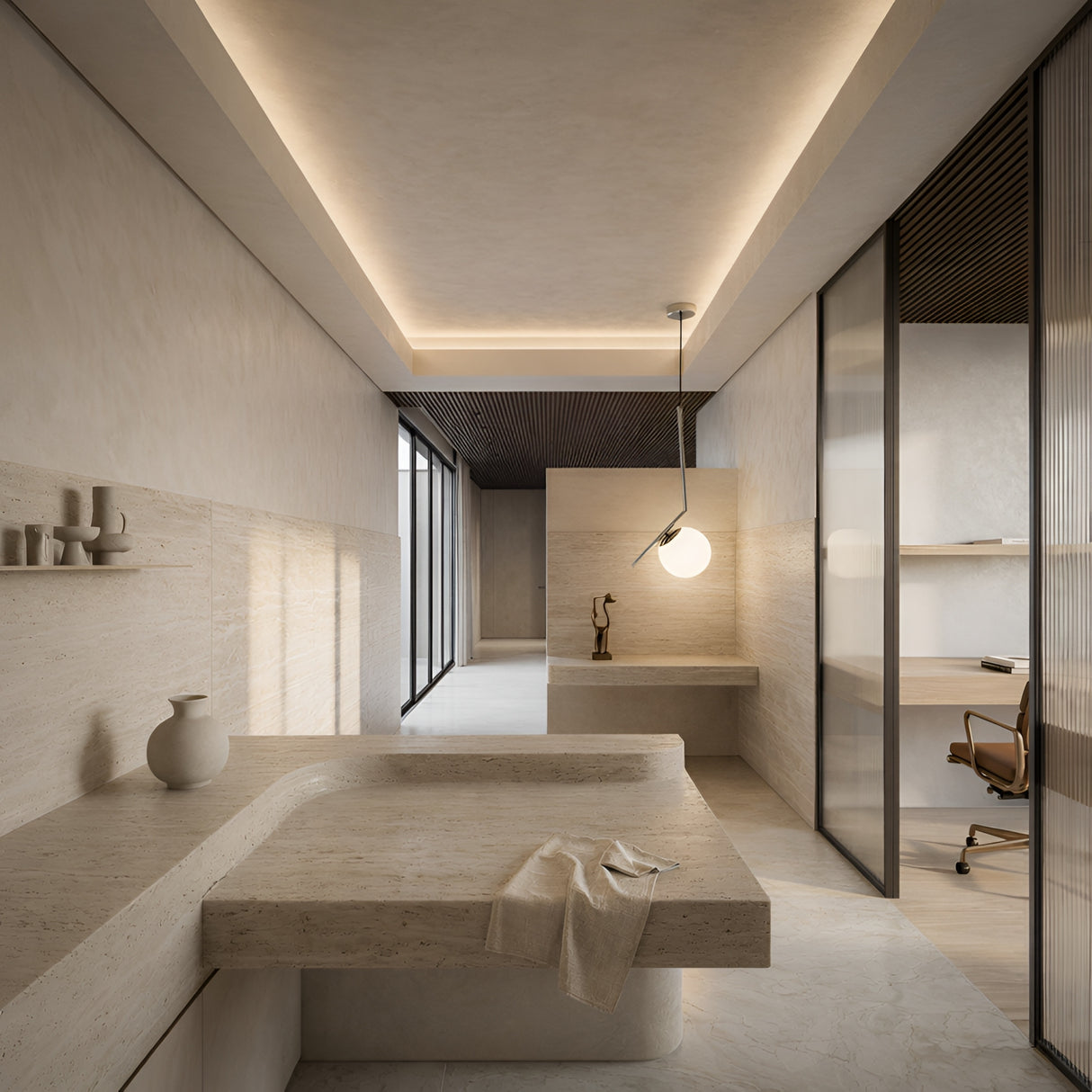 A modern minimalist bathroom with beige stone surfaces, a built-in sink, and a towel. The Vetra Opal Glass Large Pendant Light - Grey provides soft indirect light as a frosted glass wall separates it from the bright office area with desk and chair.