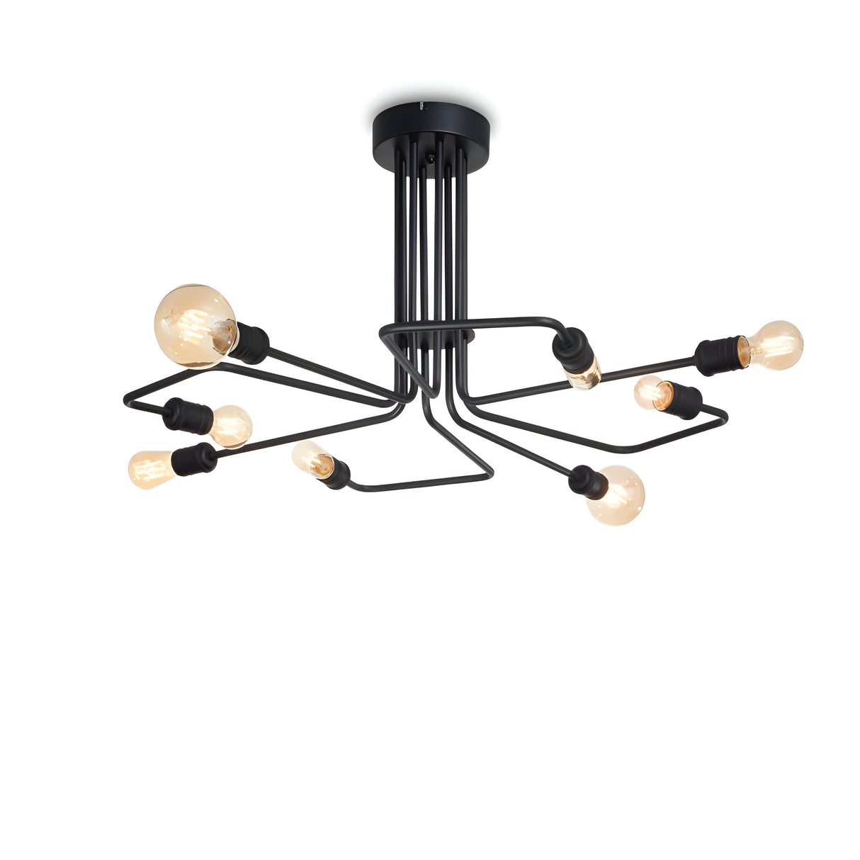 Introducing the Lustria 8 Light Ceiling Light - Black, a modern masterpiece featuring a sleek black finish. This contemporary fixture showcases an abstract design with multiple exposed bulbs arranged at varying angles on a wire structure, making it the perfect addition to enhance any minimalist space against its white backdrop.